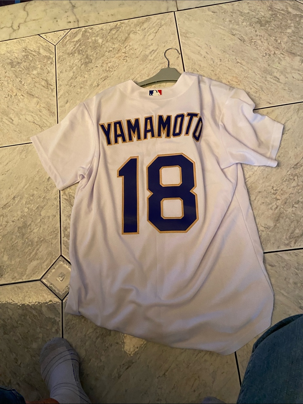 Nike White Dodgers Baseball Jersey with Blue and Gold Script - Picture 3 of 4